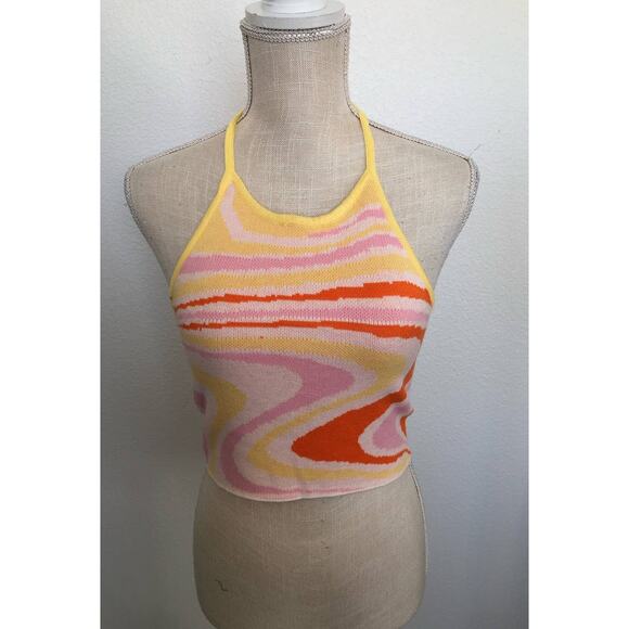 Micas Swirl Knit Retro Wavey Cropped Halter Open Back Top - L - Picture 3 of 6